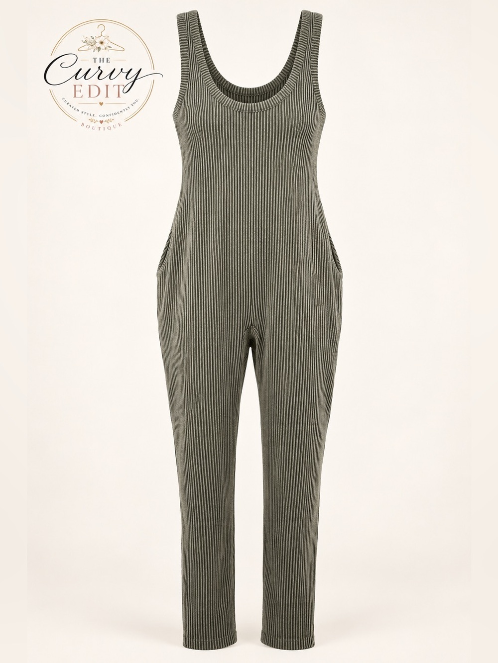 J & G Large Ribbed Striped Overalls Jumpsuit Scoop Neck Pockets Boho Taupe/Gray